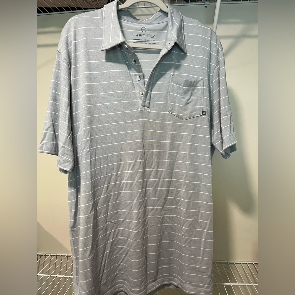Free Fly 2XL Polo Shirt Gray and White Stripe